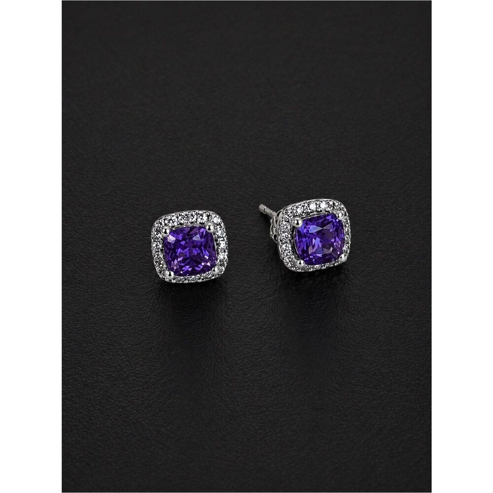 10K White Gold Michael Hill Cushion Cut Amethyst & Diamonds Halo Stud Earrings